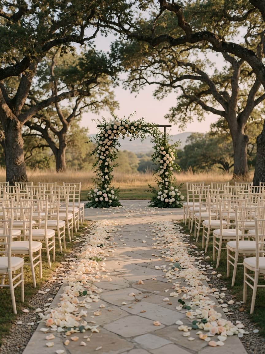Wedding ceremony aisle with a cream floral arch under oaks